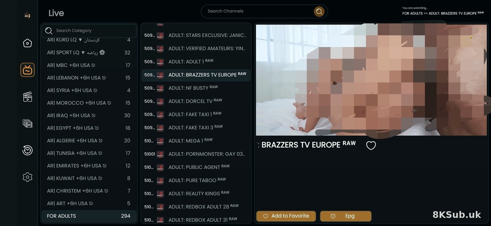 Exemple d’interface IPTV avec une catégorie réservée aux adultes et une liste de chaînes