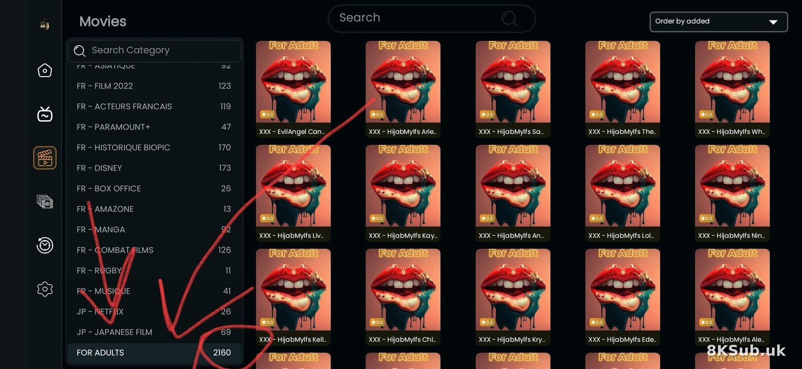 Exemple d’interface IPTV montrant une section de films réservés aux adultes